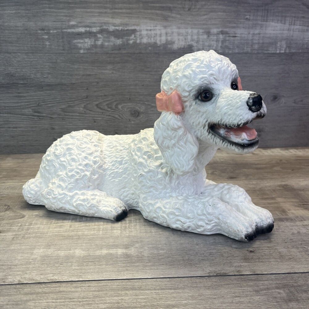 Poodle Dog Pink Bows Realistic Statue Universal Statuary Chalkware Vintage